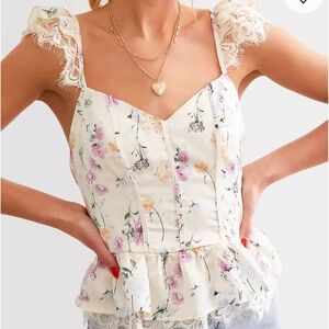 Willow & Root Floral Print Lace Trim Blouse Sz M